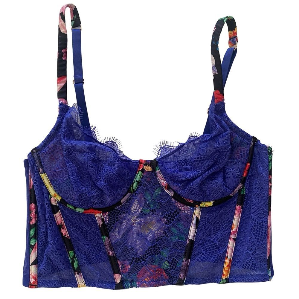 Sofia Intimates by Sofia Vergara Floral Satin & Lace Bustier Blue Size 36B